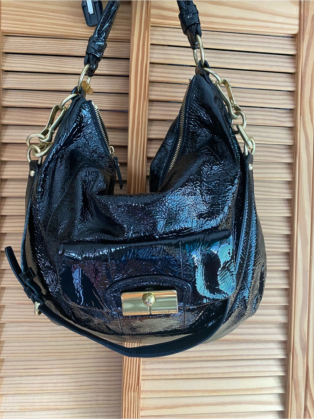 Coach Black Patent Leather Shoulder Bag with Gold Hardware